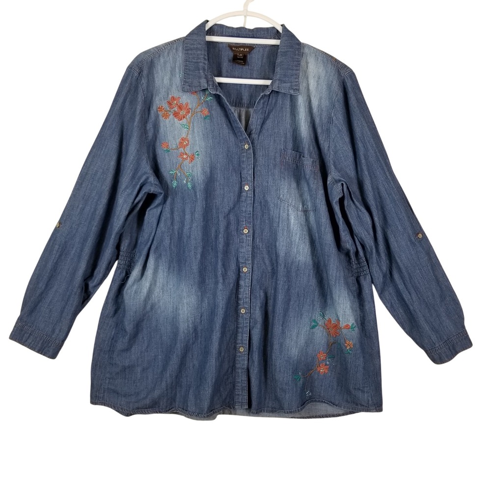 Multiples Womens 1X Denim Button Down Shirt Floral Embroidered Chambray Top Blue